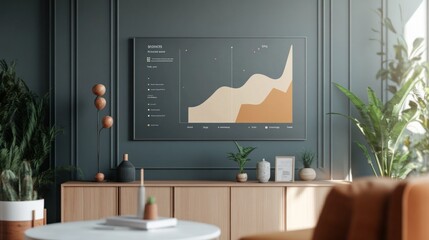 Modern living room with data visualization displayed prominently on the wall.