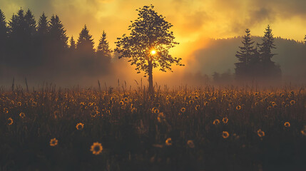 Sunrise over foggy field, lone tree, mountain backdrop; nature scene