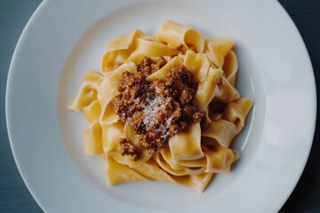 A simple yet satisfying meal of pasta and meat on a white plate, perfect for a quick lunch or dinner