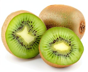 Obraz premium Whole and one sliced kiwi fruit on a solid isolated white background.