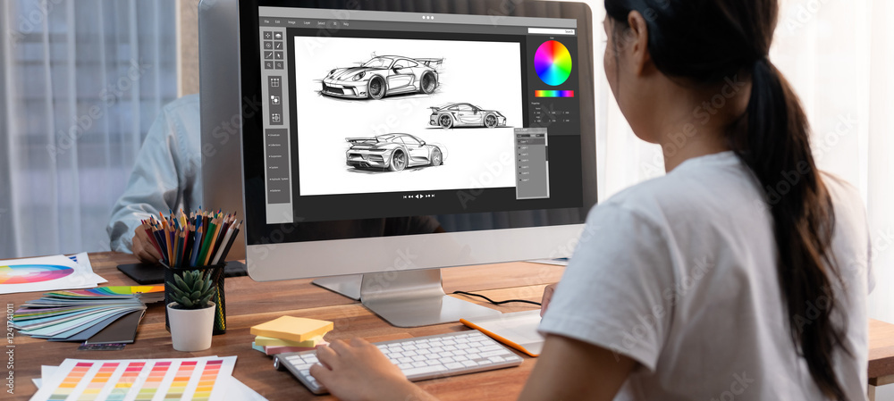 Aufkleber Electric car design software on computer screen showing simulation blueprint brisk by digital calculating application for manufacturing preparation