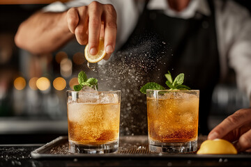 Bartender squeezing lemon juice into cocktail glass with ice and mint