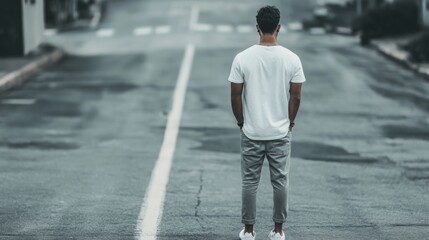 Man standing on empty street, contemplating future, suburban background; website banner