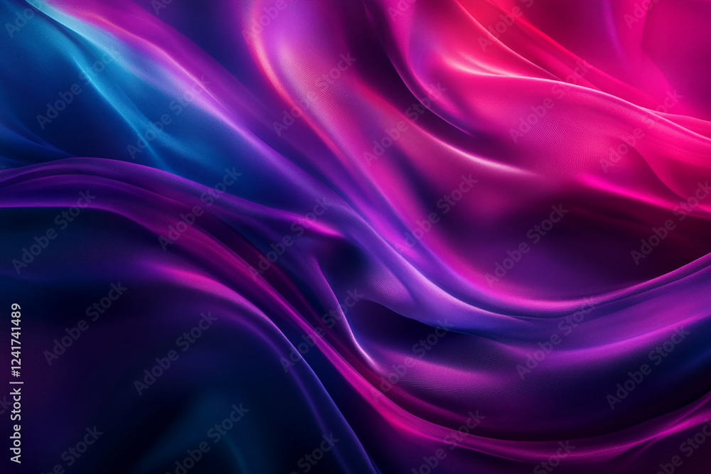 Poster close-up of flowing silk fabric with vibrant gradient colors of purple, pink, and blue, showcasing s