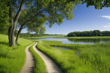 dirt country road next to the lake in summer