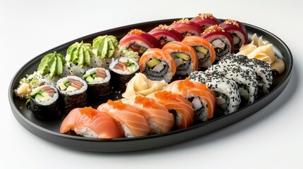 Detailed close-up of sushi varieties like dragon rolls, spicy tuna, and cucumber maki on a glossy black plate, set against a bright white background