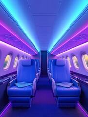 Fototapeta premium Luxurious Private Jet Interior - Empty blue leather seats in a private jet cabin with vibrant purple and blue LED lighting.