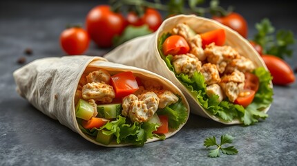 stock photo two chicken wraps, high-angle perspective, soft pastel colors, close-up. Wraps filled with shredded chicken, cucumbers, tomatoes, peppers, lettuce, parsley. Light brown tortillas