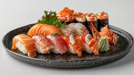 Detailed close-up of sushi varieties like dragon rolls, spicy tuna, and cucumber maki on a glossy black plate, set against a bright white background