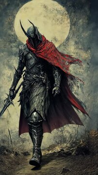 Dark knight walking under a full moon with a flowing red cape in a misty landscape at night
