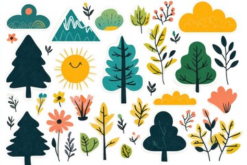 Obraz premium Colorful collection of nature themed stickers featuring trees, flowers, sun, and mountains in playful designs. Generative AI