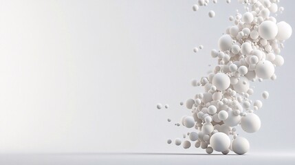 Dynamic Arrangement of White Spheres Cascading on a Light Background
