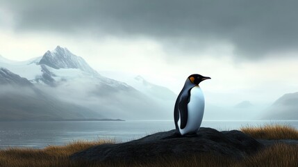 Naklejka premium Majestic King Penguin by Mountain Lake - A lone king penguin stands on a rock overlooking a serene mountain lake, symbolizing solitude, resilience, nature's beauty, wildlife conservation