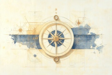 Fototapeta premium Collage of Nautical Charts and Compass Designs With Faded Blue and Gold Accents in a Minimalist Style