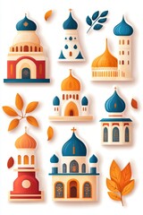 Fototapeta premium Collection of illustrations depicting various architectural styles of religious buildings.