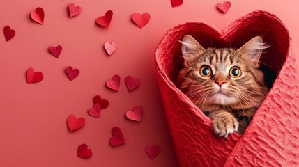 Valentine's Day feline snuggles in a heart-shaped gift.