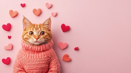 Adorable ginger cat in a pink sweater surrounded by hearts.