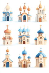 Collection of stylized church illustrations, varying in architectural design and color.