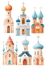 Fototapeta premium Collection of charming illustrations of various church designs.