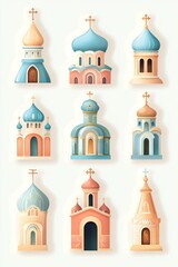 Collection of stylized illustrations of various church architectural designs.