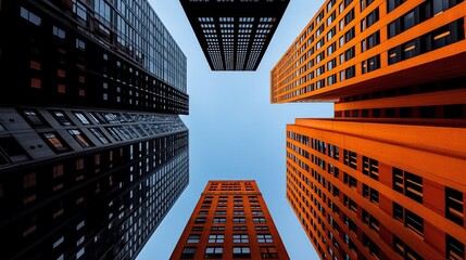 Urban Canyon: Looking up at a vibrant array of modern skyscrapers against a clear blue sky.  The architectural diversity creates a striking visual contrast.