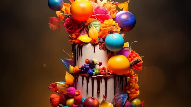 Vibrant explosion of colorful balloons and flowers on artistic threetier cake