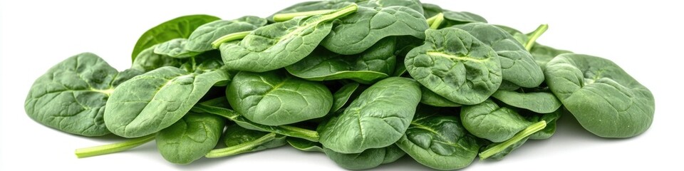 A fresh bunch of spinach leaves arranged on a clean white surface, ideal for cooking or food photography