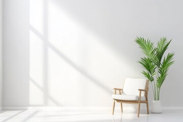 Minimalist Room Interior Design - A white armchair and potted plant in a bright, minimalist room. Sunlight streams through a window, casting shadows on the white wall.