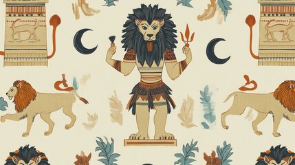Anthropomorphic Lion-God Pattern Ancient Egyptian-Style Textile Design