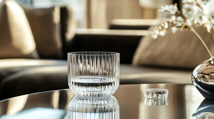 Stylish glass of water on modern reflective table in contemporary interior setting