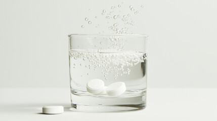 Clear glass of water with dissolving white tablets and rising bubbles for a refreshing look