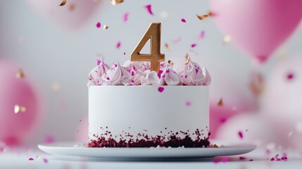 A fourth birthday cake with pink frosting and gold confetti.