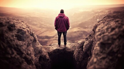Fototapeta premium Young caucasian male standing on cliff at sunset overlooking vast canyon