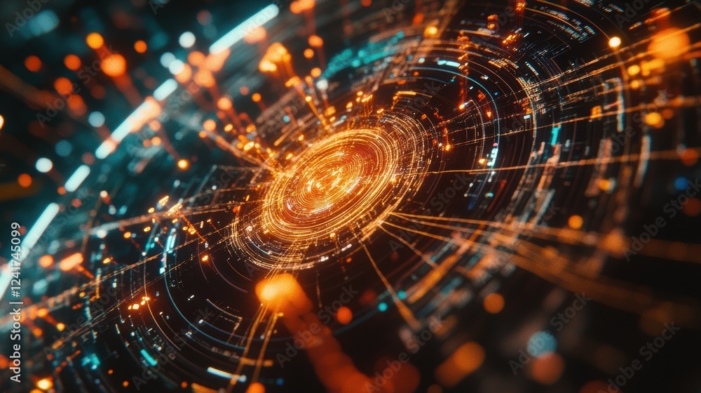 Poster complex manufacturing process involving a glowing circular data flow, representing innovative techno