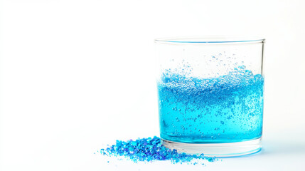 Effervescent reaction of a dissolving tablet creates bubbles in blue water