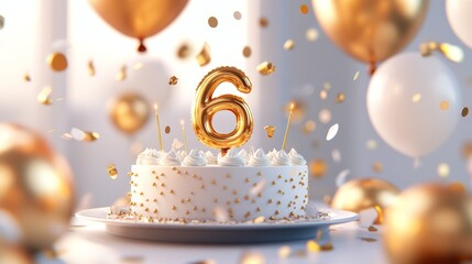 A celebratory sixth birthday cake with gold balloons and confetti.