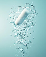 Effervescent white pill dissolving in clear water creating dynamic bubbles and waves