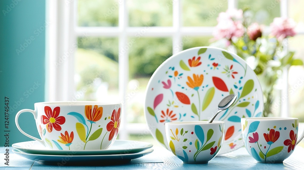 Poster a close-up of a cup and saucer on a table with a plate and a vase in the background