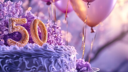 A celebratory 50th birthday cake adorned with lilac flowers and gold-glitter numbers.