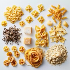 Detailed close-up of various pasta shapes including macaroni, spaghetti, and penne on a white background