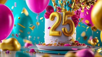 A celebratory 25th birthday cake surrounded by balloons and confetti.