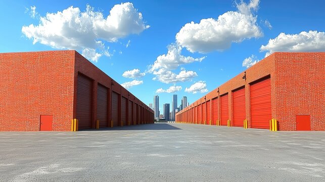 Red brick storage units facing a city skyline