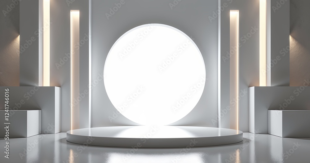 Poster minimalist product display backdrop with a round platform and a circular light feature in a modern i