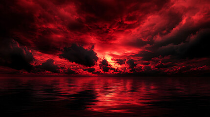 A red sky with clouds and a calm ocean