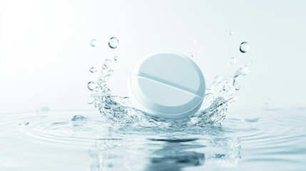 Hyper-realistic capture of a round tablet dropping into water with effervescence