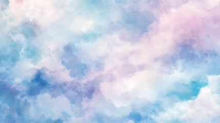 A painting of a cloudy sky with a blue and pink hue