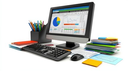 Computer workstation with colorful charts, documents, and stationery in a bright setting