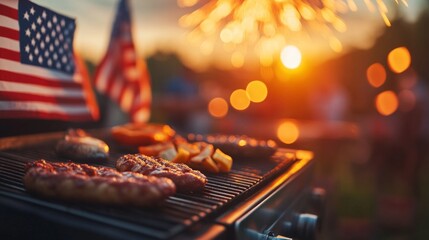 Evening barbecue with grilling food and fireworks in the background.
