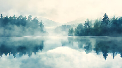 Fototapeta premium A misty forest with a lake in the background