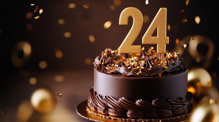 A decadent chocolate cake celebrates a 24th birthday with golden confetti.
